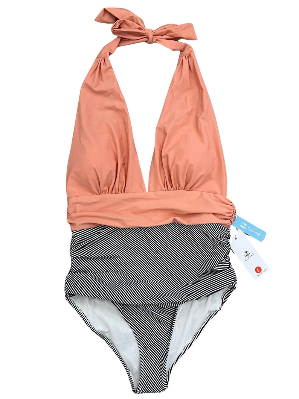 Cupshe One-piece Halter Swimsuit Peach Black White Stripe Women’s Size Large NWT